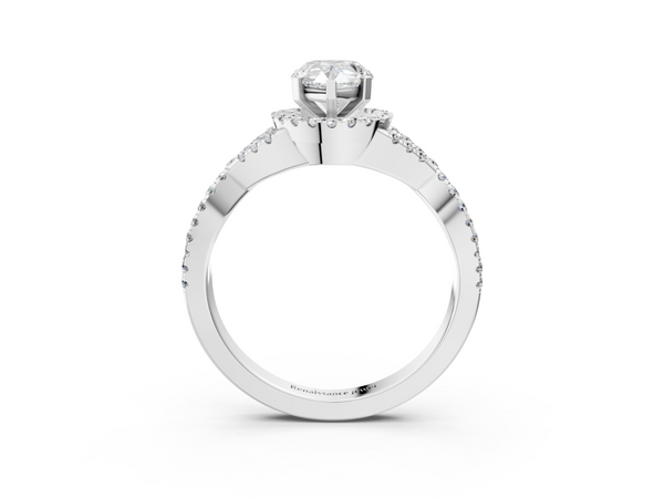 Silver 1.00 Carat F VS1 Pear Halo Twist Band Solitaire Prong Setting Ring
