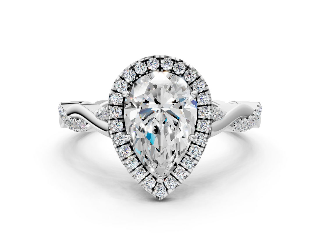 White gold Pear Halo Twist Band Solitaire Ring_20
