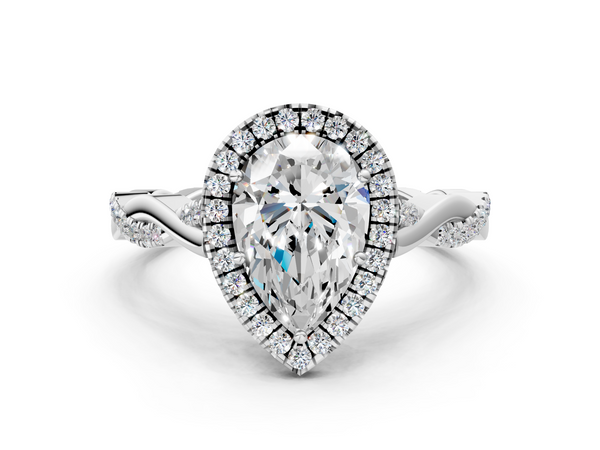 Sterling Silver Pear-Shaped Halo Engagement Ring Setting with Pave Twist Band and Accented Gallery