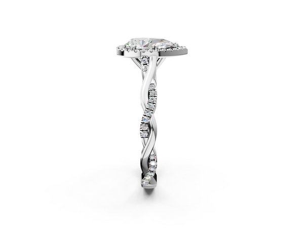 Sterling Silver Pear-Shaped Halo Engagement Ring Setting with Pave Twist Band and Accented Gallery