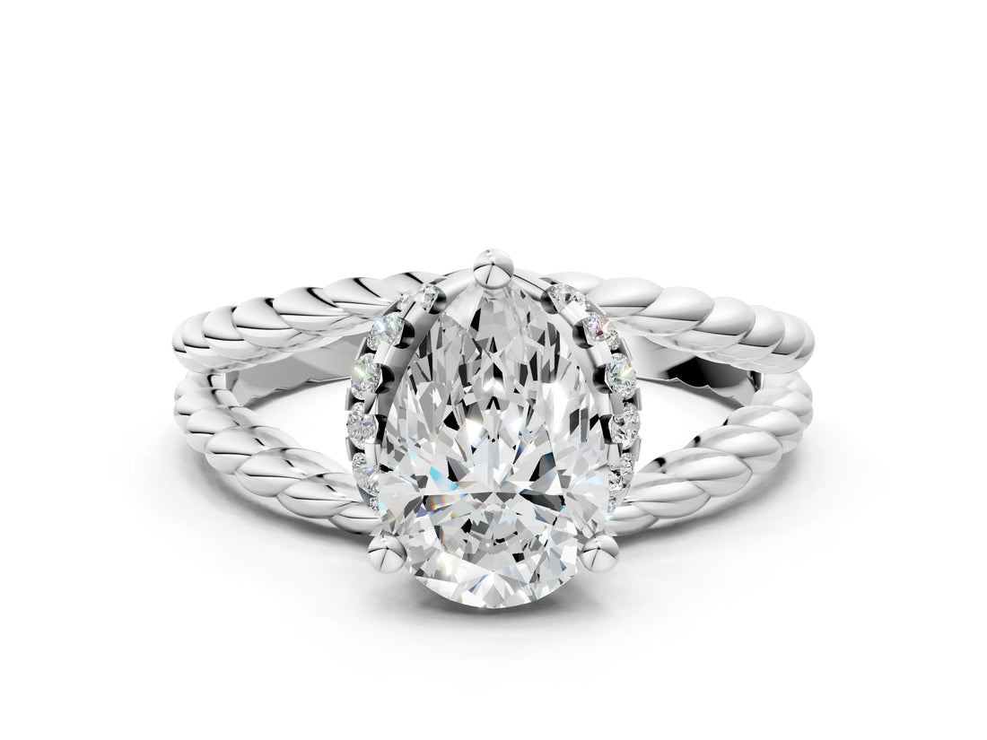White gold Pear Halo Twisted Band Four-Prong Ring_32