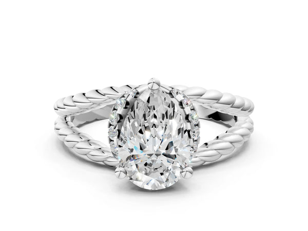 White gold Pear Halo Twisted Band Four-Prong Ring