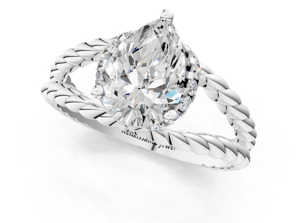 White gold Pear Halo Twisted Band Four-Prong Ring