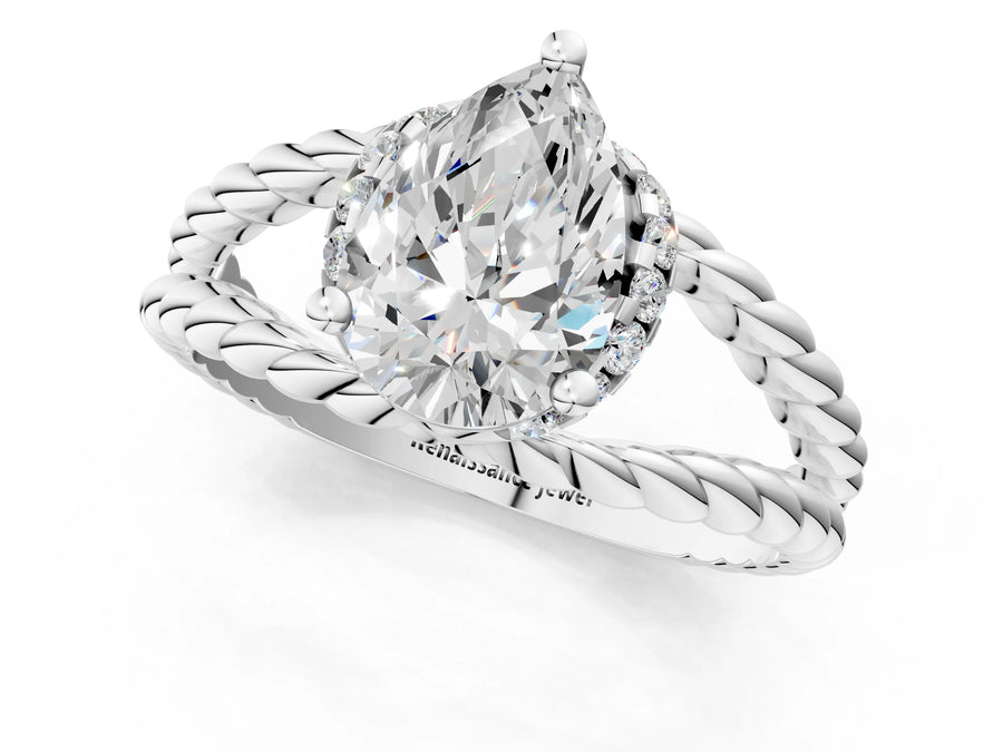 White gold Pear Halo Twisted Band Four-Prong Ring