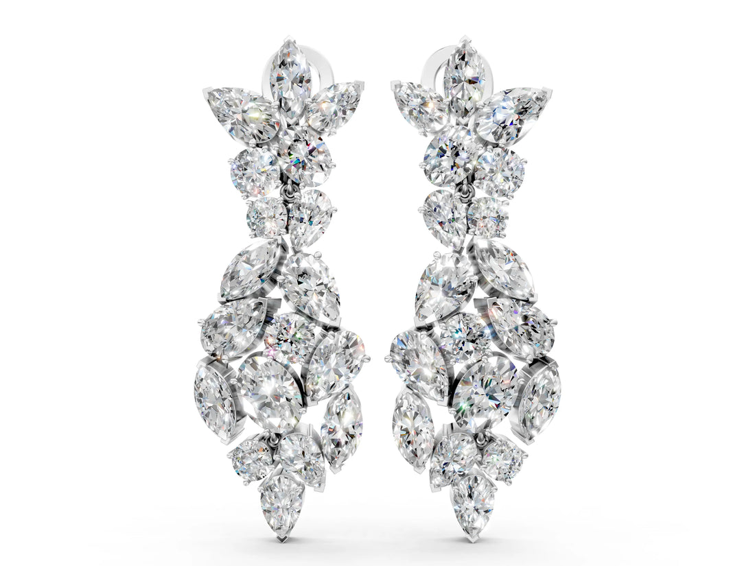 White gold Pear, Marquise and Oval Diamond Floral Drop Earrings