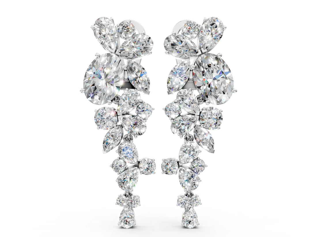 White gold Pear, Marquise and Round Diamond Floral Drop Earrings