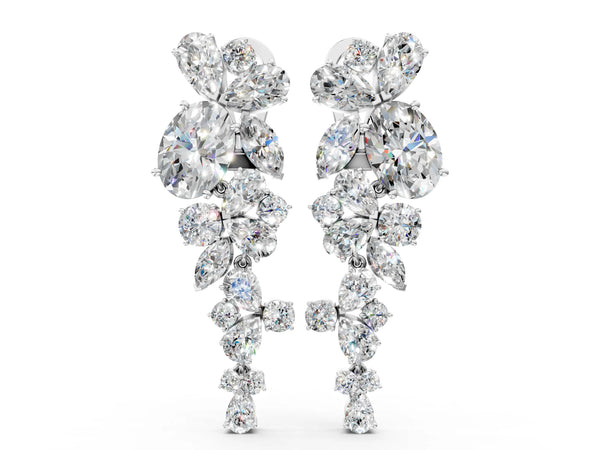 Silver Pear, Marquise and Round Diamond Floral Drop Earrings