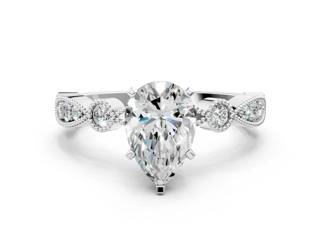 White gold Pear Milgrain Bezel Diamond Engagement Ring with Solitaire Prong Setting_195