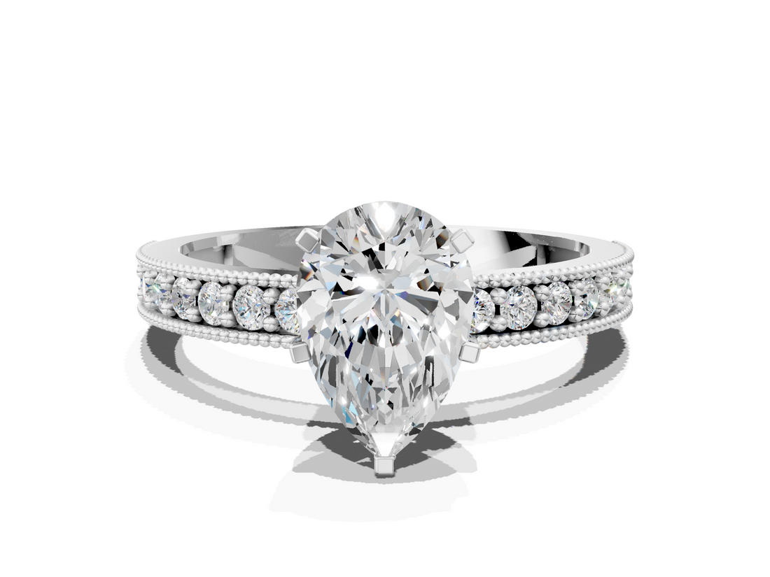 White gold Pear Milgrain Pave Diamond Engagement Ring with Four-Prong Setting_182