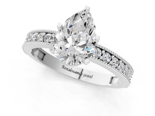 White gold Pear Cut Diamond Milgrain Pavé Engagement Ring with Four-Prong Setting