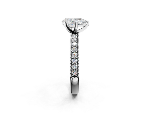 White gold Pear Cut Diamond Milgrain Pavé Engagement Ring with Four-Prong Setting