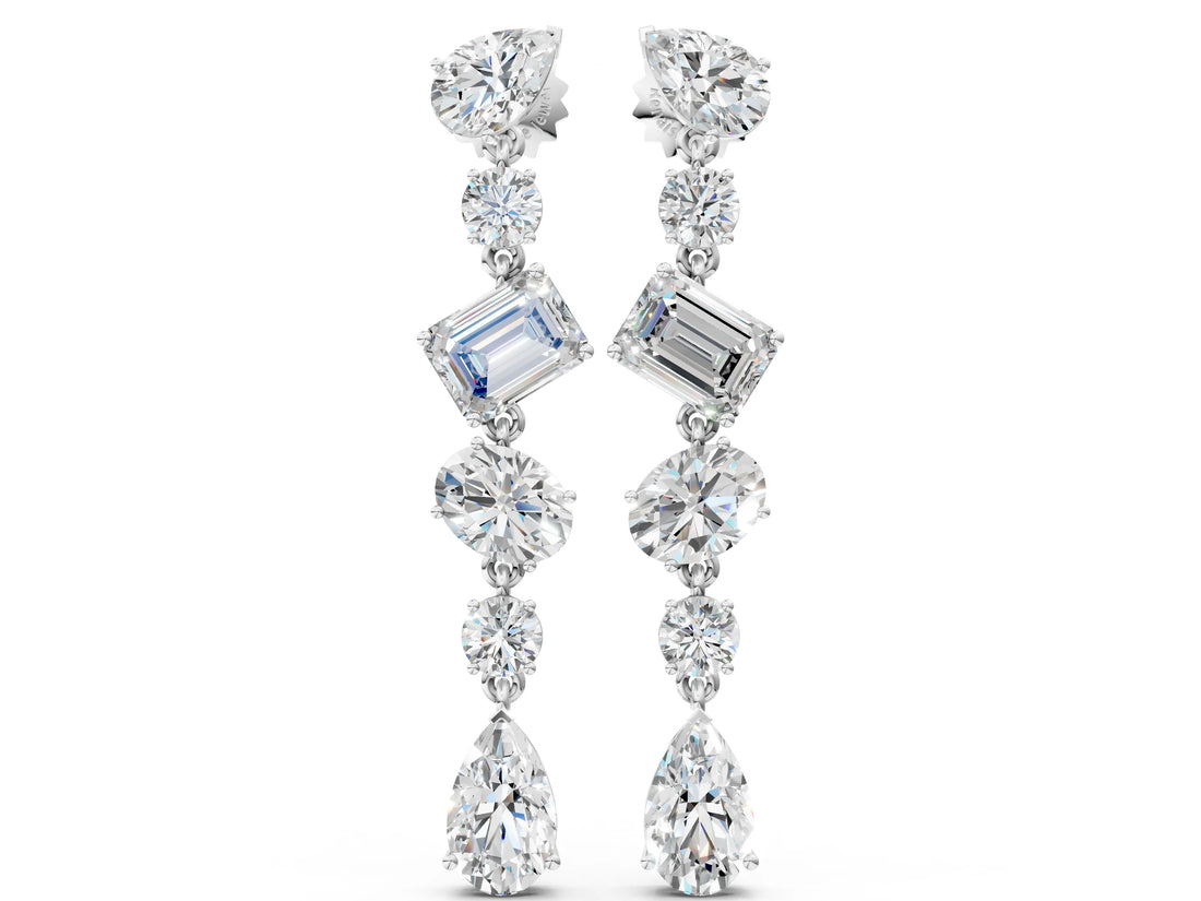 Silver 1.20 Carat E VS Pear, Oval, Emerald and Round Diamond Waterfall Drop Earrings
