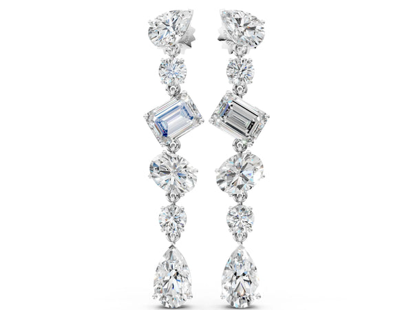 White gold Pear, Oval, Emerald and Round Diamond Waterfall Drop Earrings