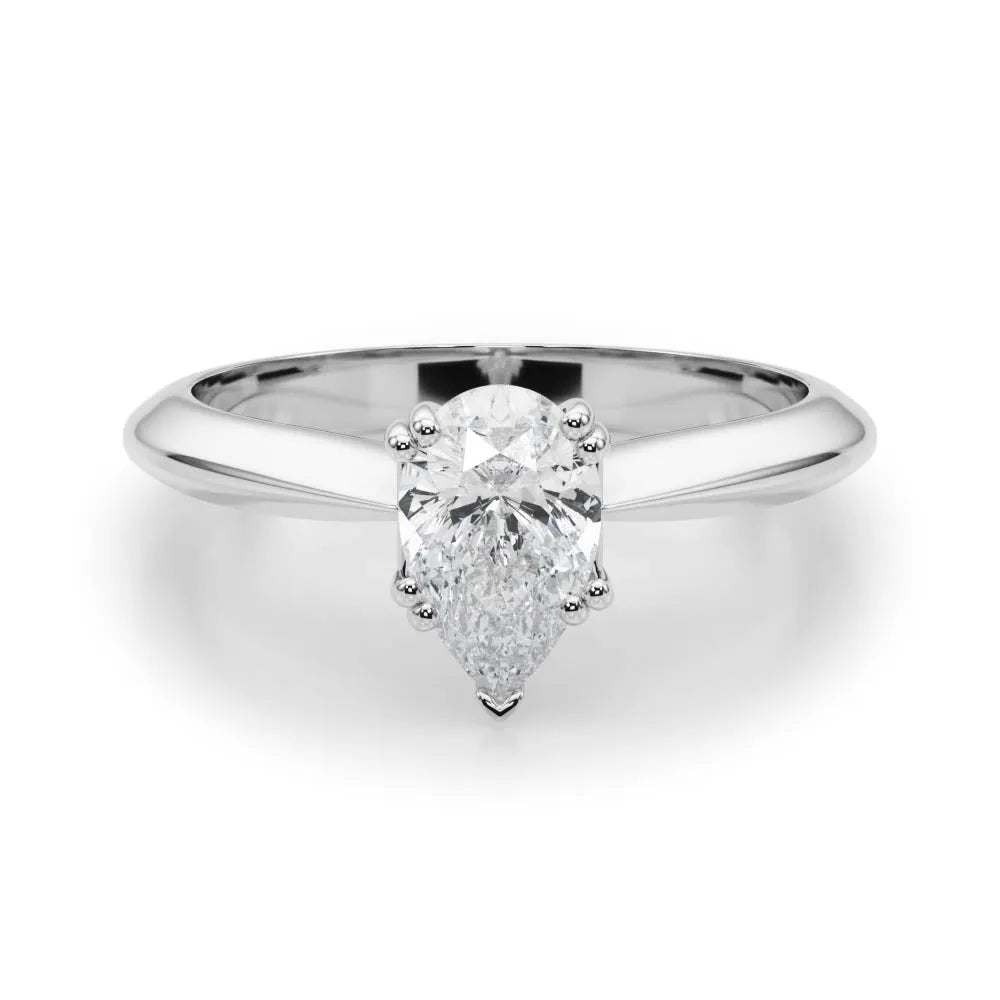 White gold Pear-Shaped Solitaire Diamond Ring with Tapered Band and Six-Prong Setting