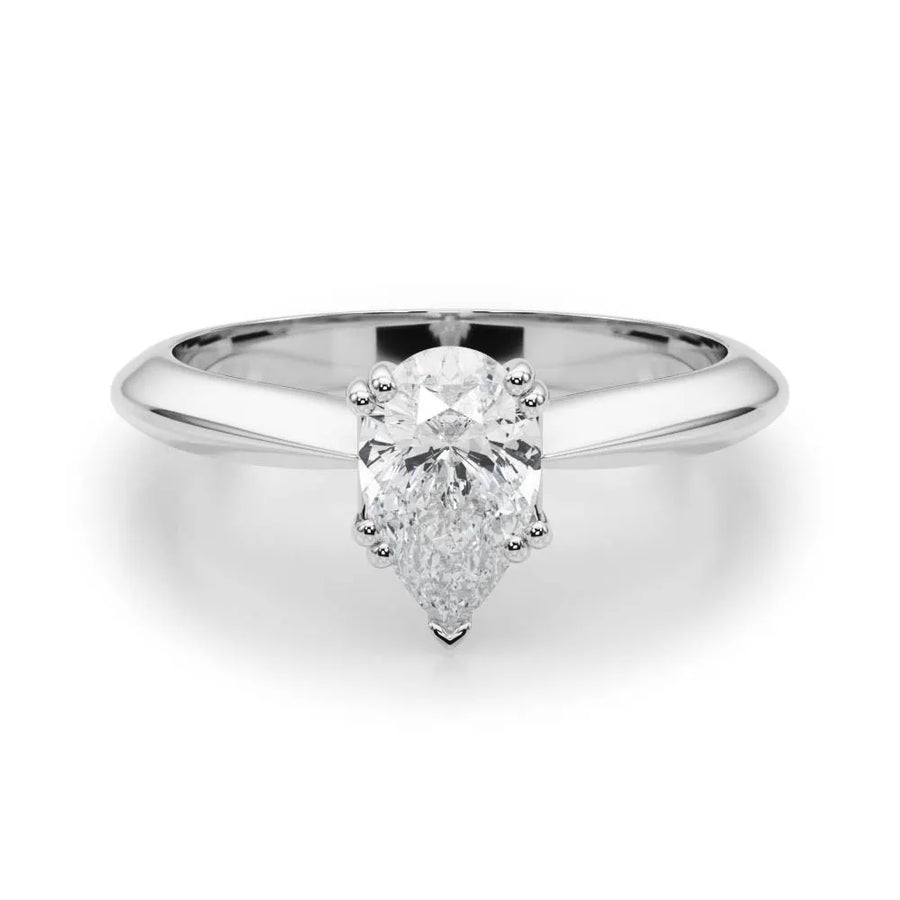 White gold Pear-Shaped Solitaire Diamond Ring with Tapered Band and Six-Prong Setting