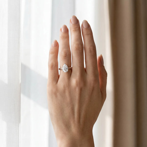 White gold Pear-Shaped Solitaire Diamond Ring with Tapered Band and Six-Prong Setting