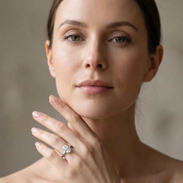 White gold Pear-Shaped Solitaire Diamond Ring with Tapered Band and Six-Prong Setting