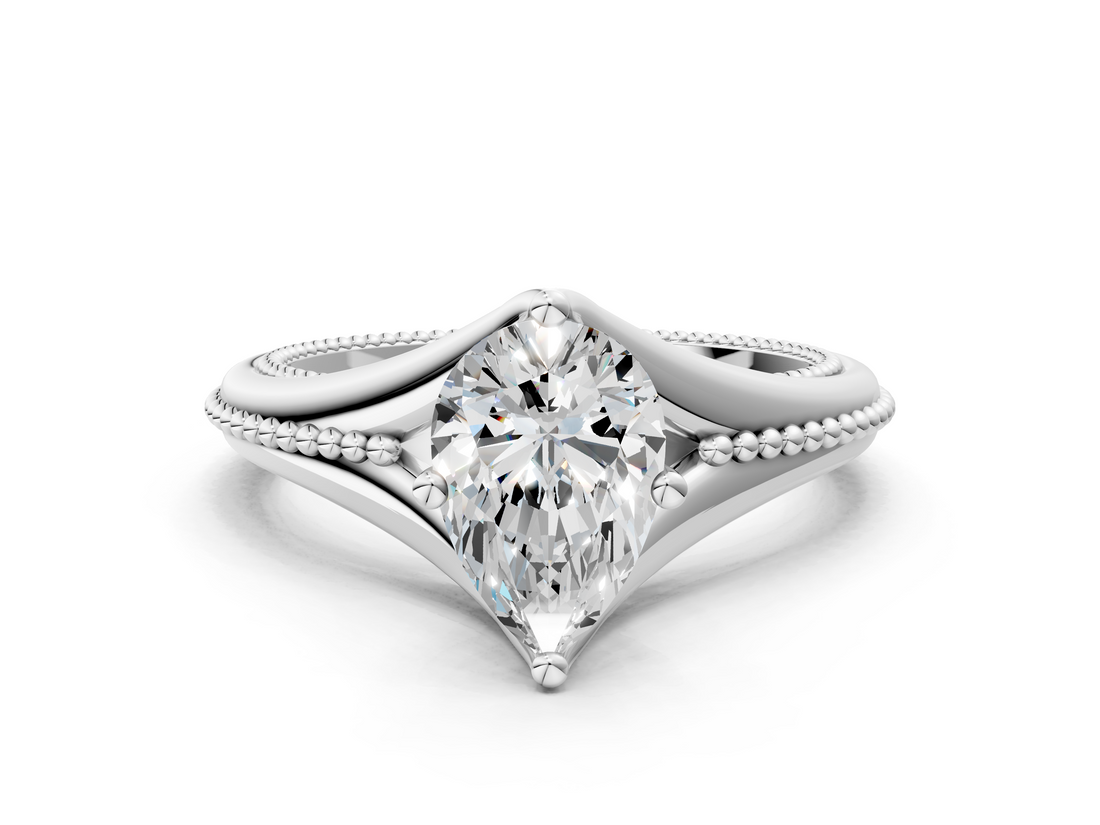 White gold Pear Solitaire Beaded Band Six-Prong Setting