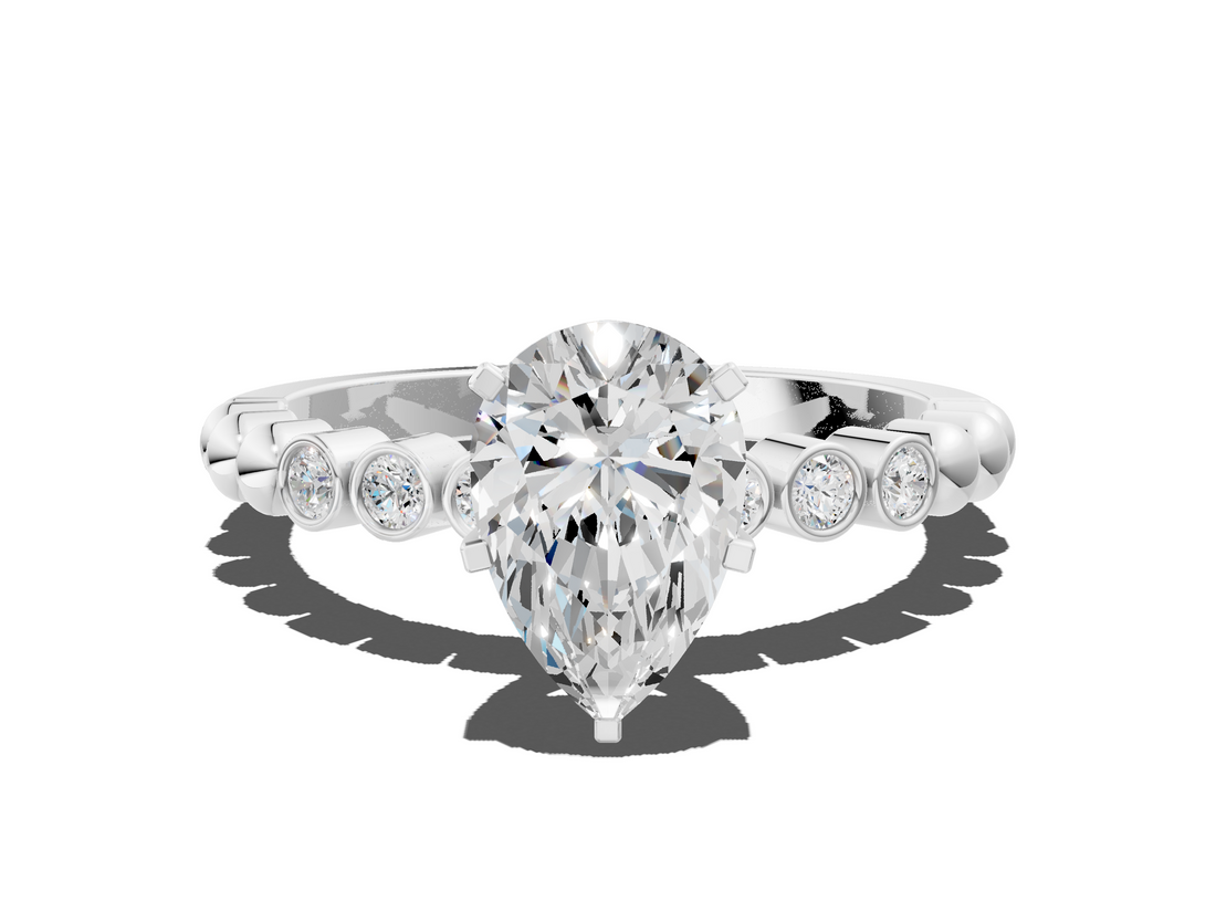 White gold Pear Solitaire Bezel Accent Diamond Engagement Ring with Beaded Band and Four-Prong Setting_48