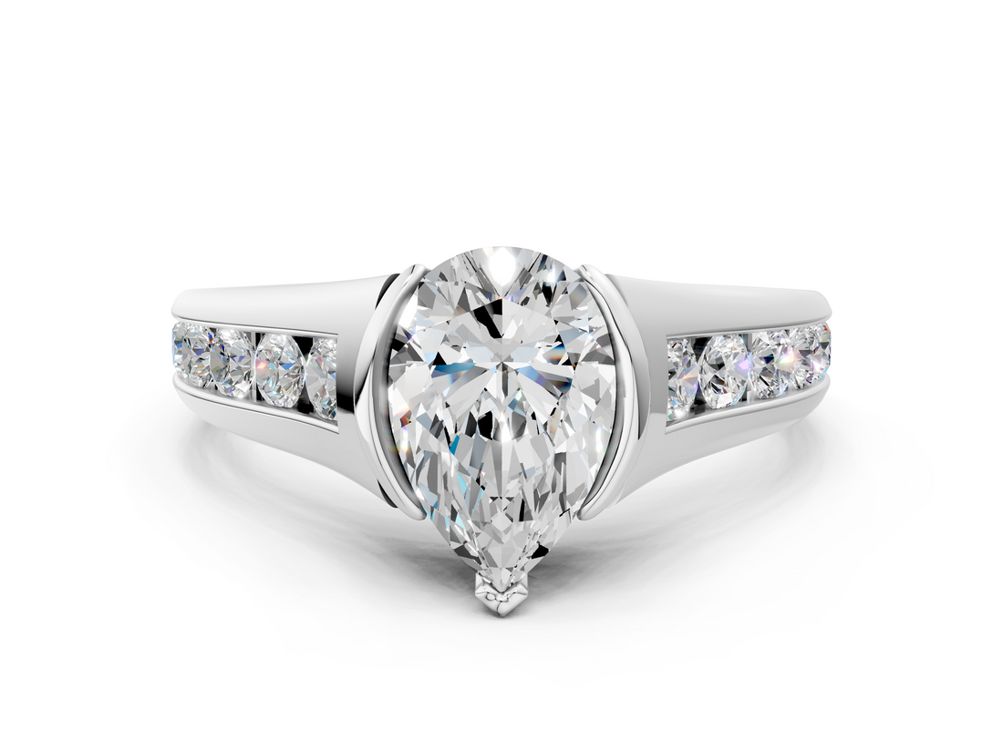 White gold Pear Solitaire Bezel-Set Diamond Ring with Channel-Set Band_58