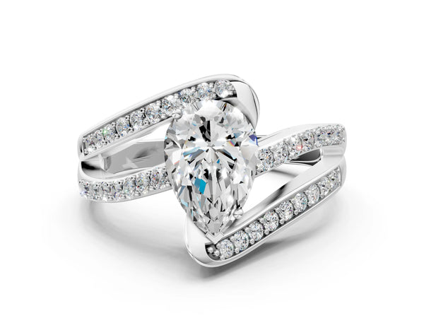 White gold Pear Solitaire Bypass Diamond Engagement Ring with Channel-Set Band and Four-Prong Setting
