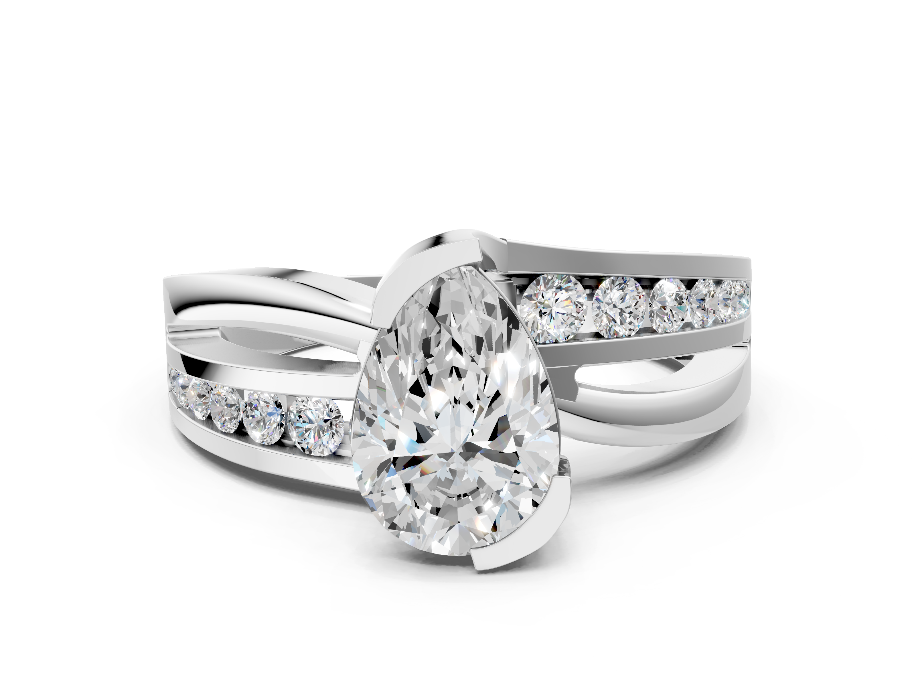White gold Pear Solitaire Channel-Set Split Shank Ring with Tension Pr