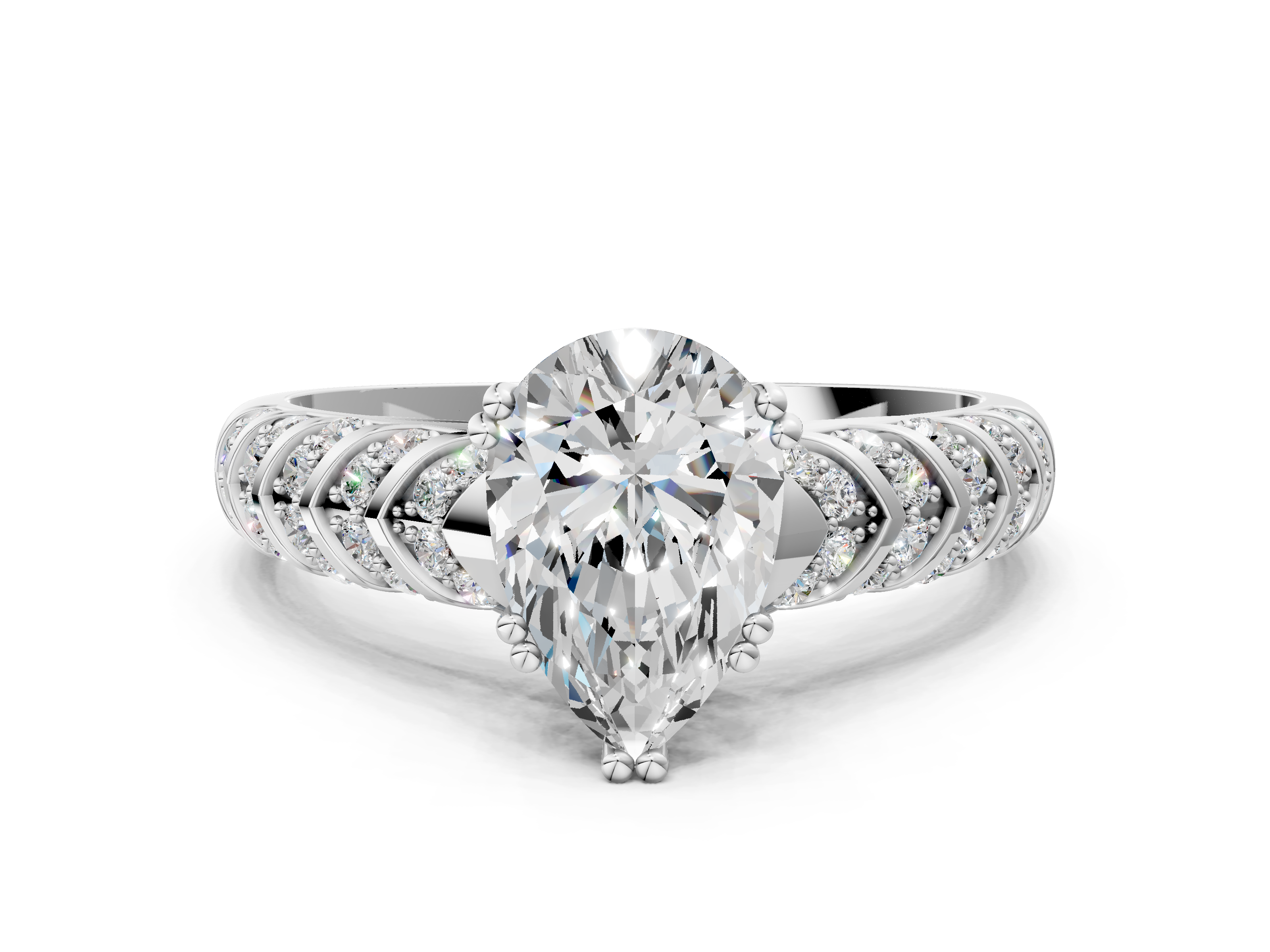White gold Pear Solitaire Chevron Pave Diamond Engagement Ring with Six-Prong Setting_3