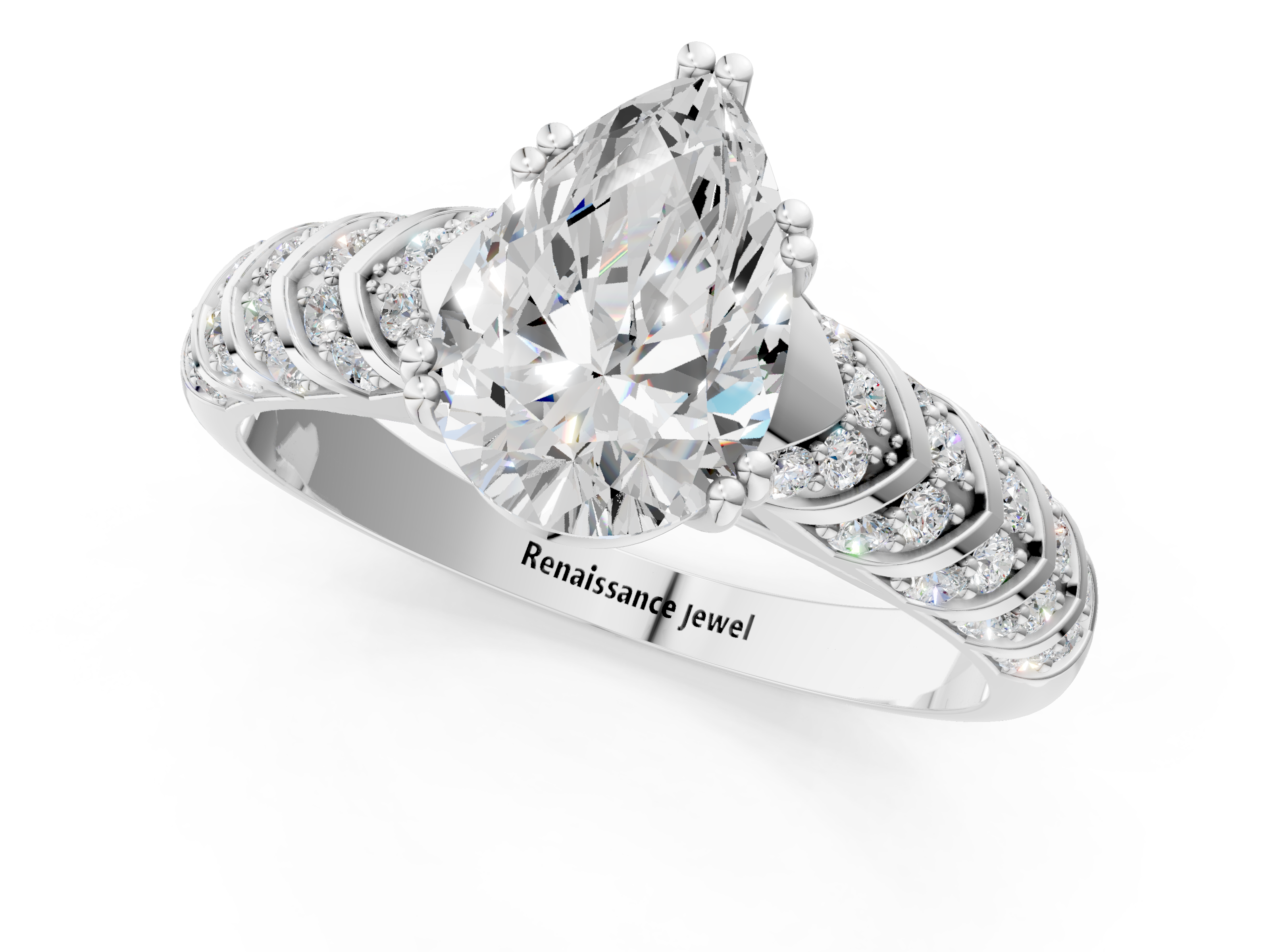 White gold Pear Solitaire Chevron Pave Diamond Engagement Ring with Six-Prong Setting_4