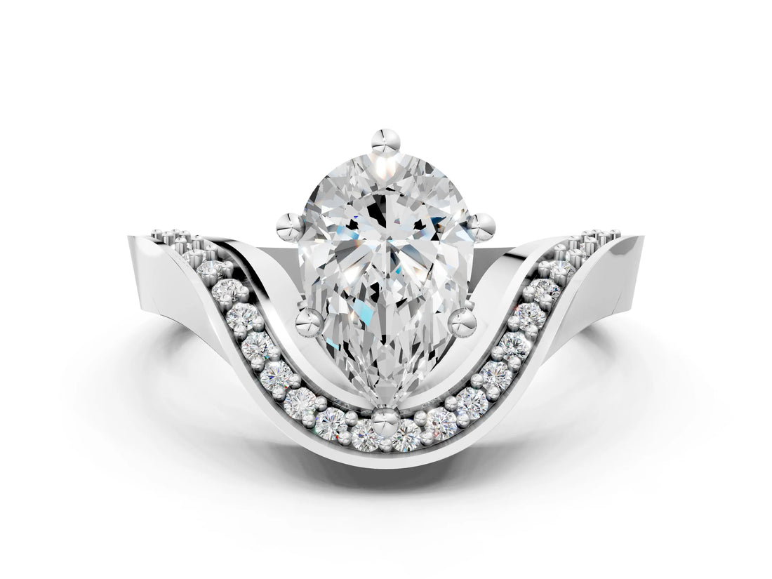 White gold Pear Solitaire Diamond Engagement Ring with Pave Band and Four-Prong Setting 1