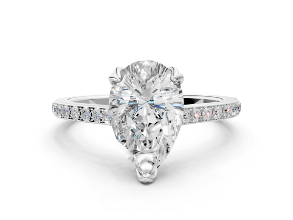 Silver Pear Solitaire Diamond Engagement Ring with Pave Band and Six-Prong Setting