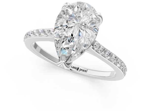 Silver Pear Solitaire Diamond Engagement Ring with Pave Band and Six-Prong Setting