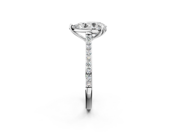 Silver Pear Solitaire Diamond Engagement Ring with Pave Band and Six-Prong Setting