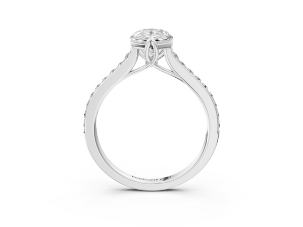 Silver Pear Solitaire Diamond Engagement Ring with Pave Band and Six-Prong Setting