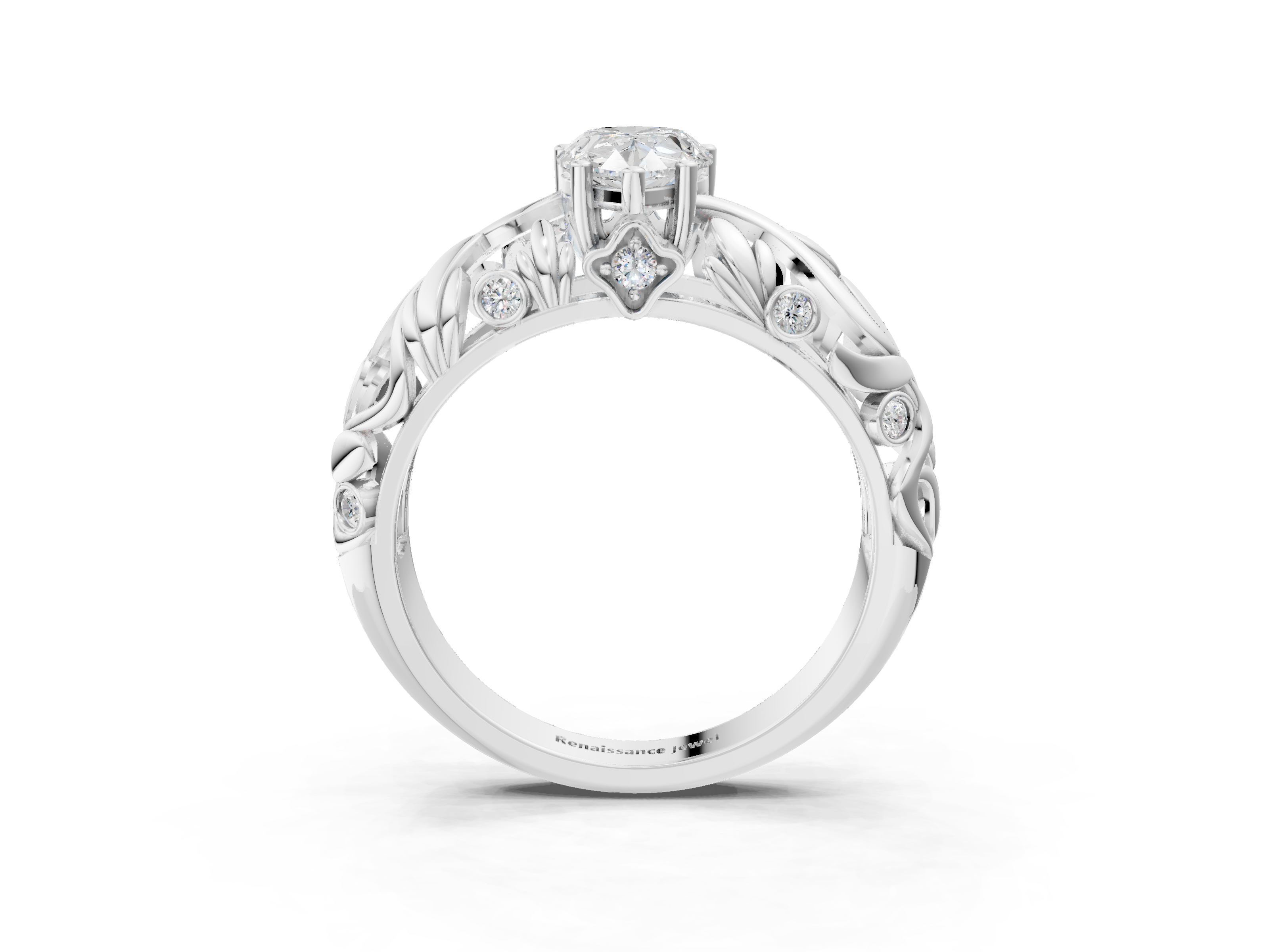 White gold Pear Solitaire Diamond Leaf Vine Band with Prong Setting_59
