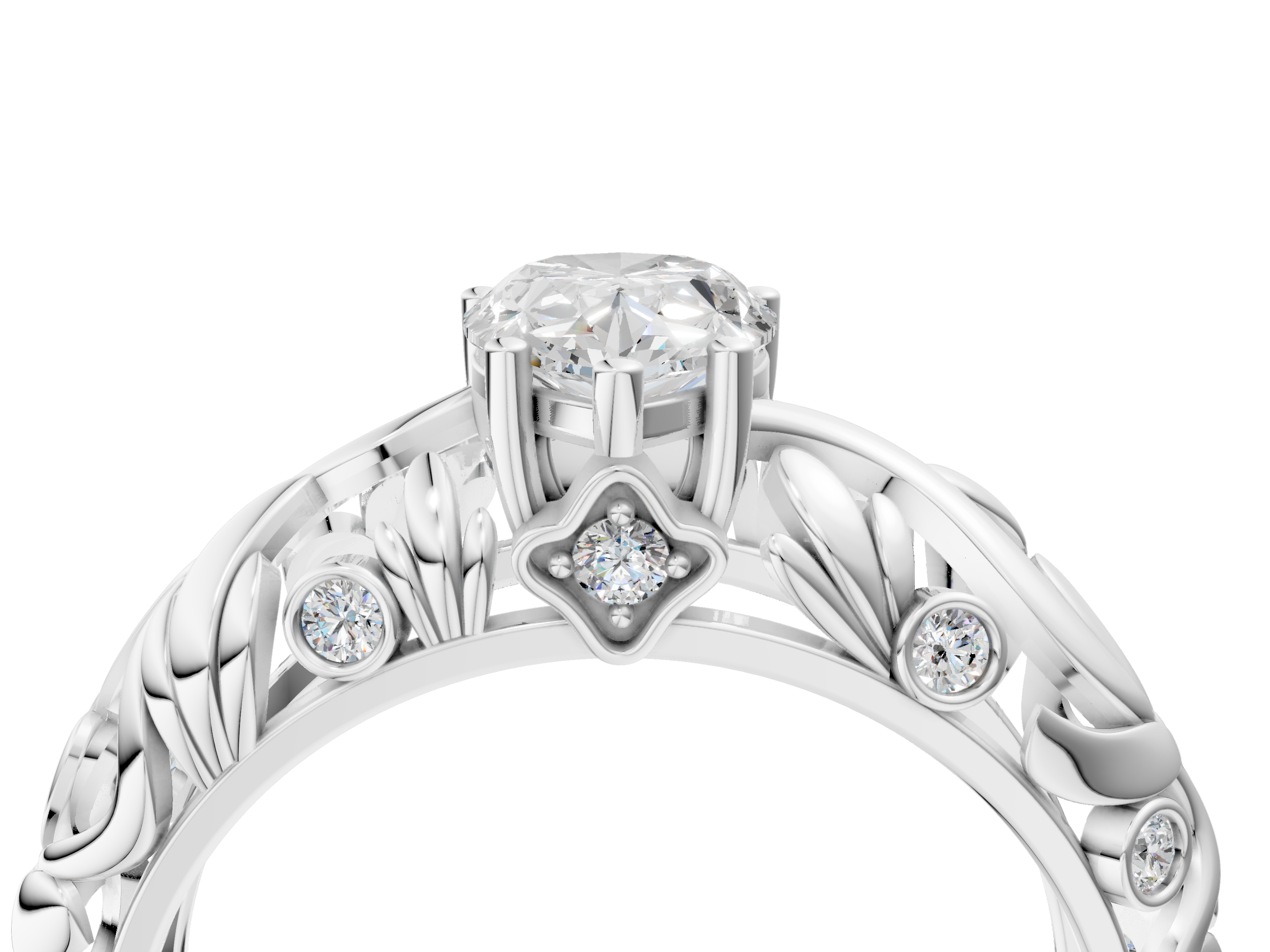 White gold Pear Solitaire Diamond Leaf Vine Band with Prong Setting_60