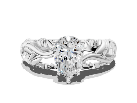 White gold Pear Solitaire Diamond Leaf Vine Band with Prong Setting_60