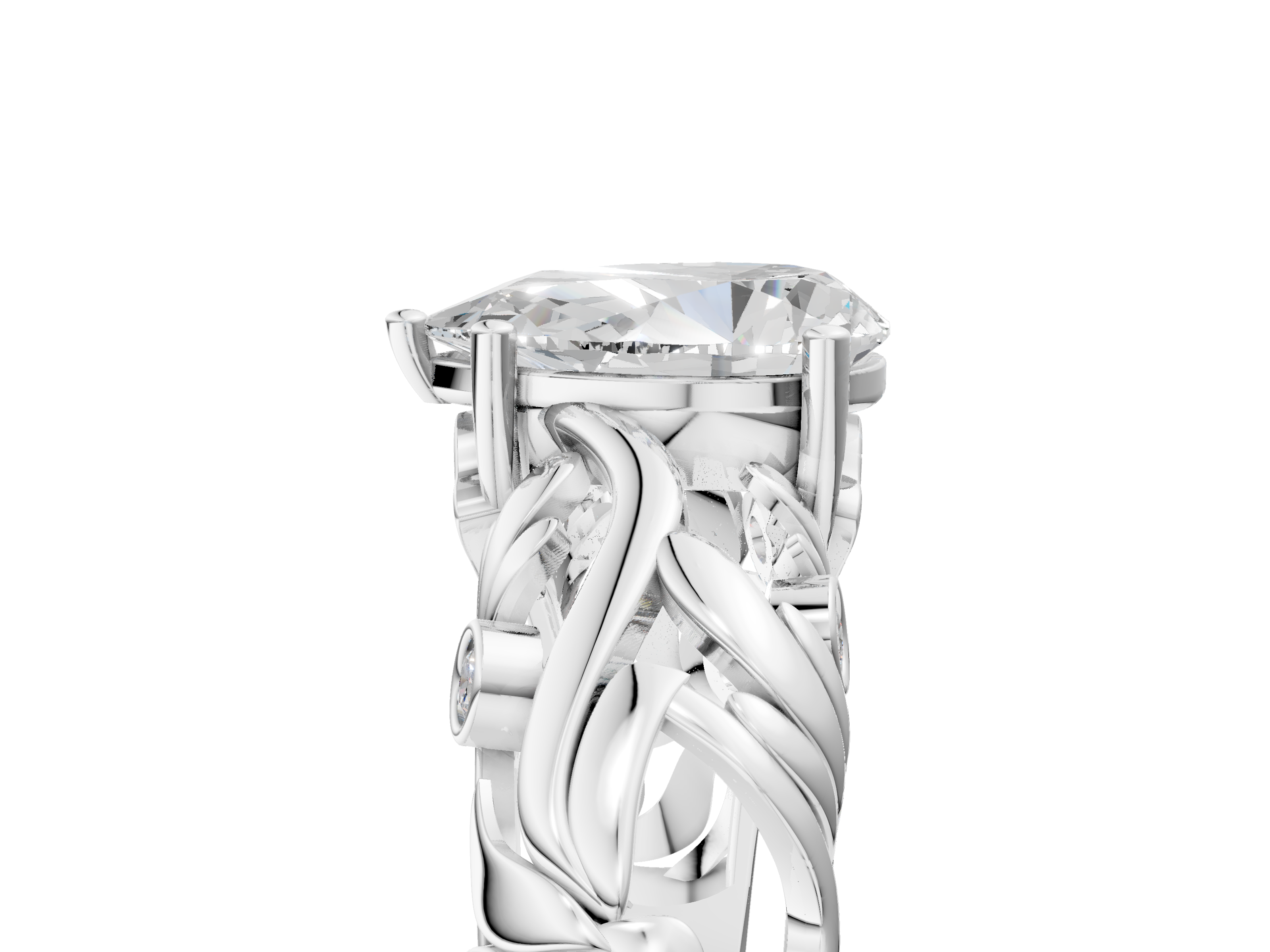 White gold Pear Solitaire Diamond Leaf Vine Band with Prong Setting_61