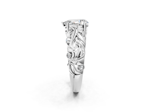 Sterling Silver Pear-Shaped Leaf Vine Solitaire Engagement Ring Setting with Bezel-Set Accents