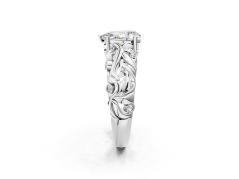 White gold Pear Solitaire Diamond Leaf Vine Band with Prong Setting_61
