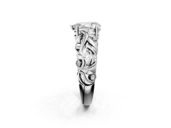 Sterling Silver Pear-Shaped Leaf Vine Solitaire Engagement Ring Setting with Bezel-Set Accents
