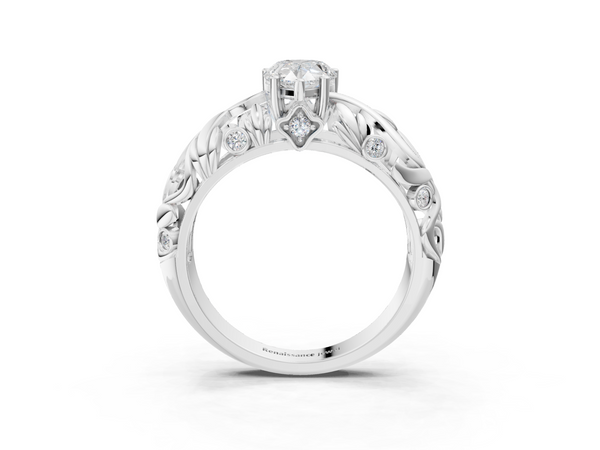 Sterling Silver Pear-Shaped Leaf Vine Solitaire Engagement Ring Setting with Bezel-Set Accents