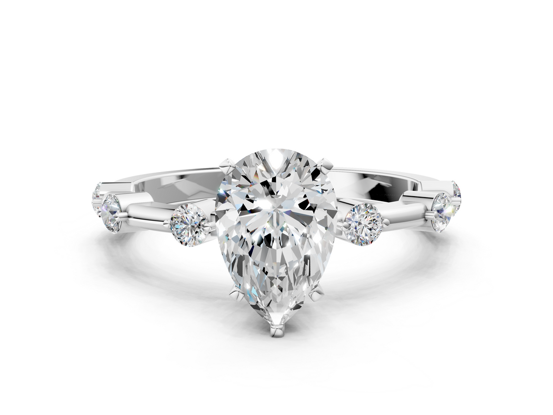 White gold Pear Solitaire Diamond Ring with Bezel Set Side Stones and Prong Setting_24