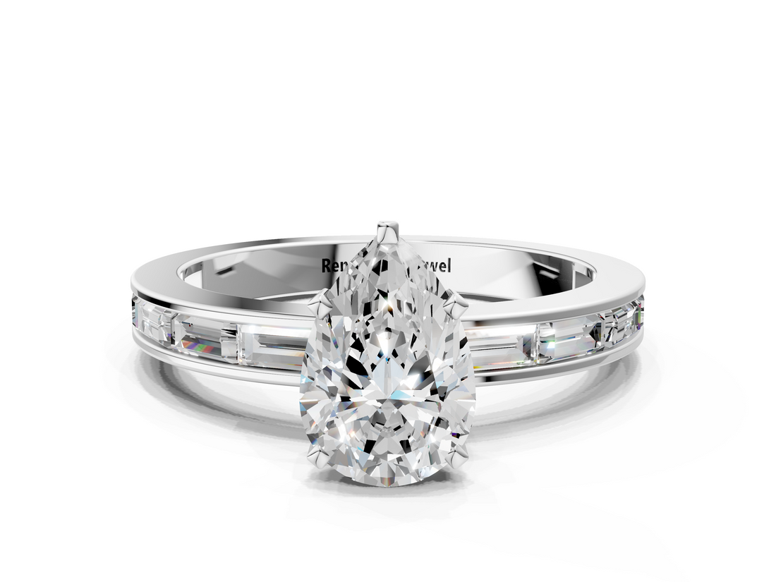 White gold Pear Solitaire Diamond Ring with Channel-Set Baguette Band and Four-Prong Setting_90