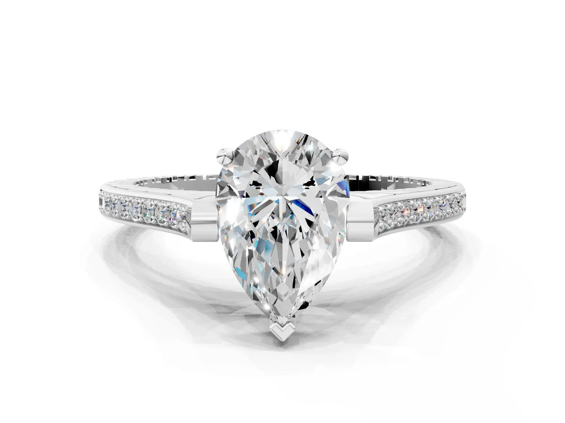 White gold Pear Solitaire Diamond Ring with Channel Set Band and Bezel Prong Setting_80