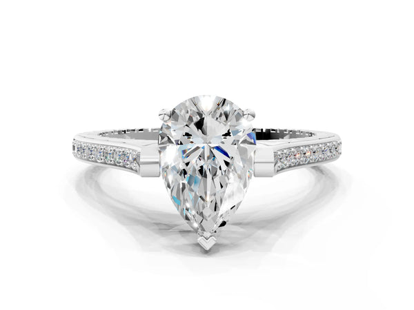 Platinum Pear-Shaped Vintage Cathedral Engagement Ring Setting with Engraved Sides and Pave