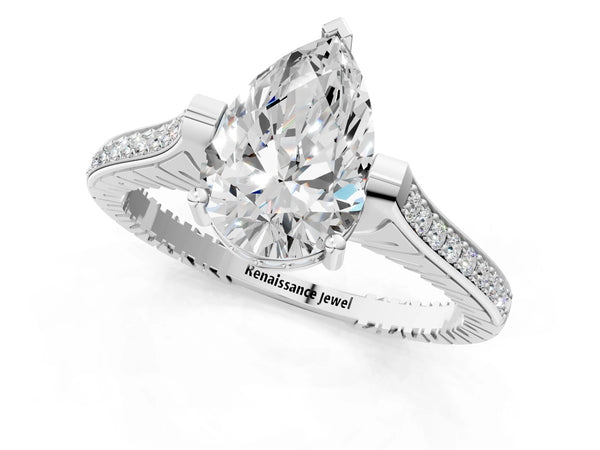 Platinum Pear-Shaped Vintage Cathedral Engagement Ring Setting with Engraved Sides and Pave