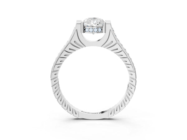 Platinum Pear-Shaped Vintage Cathedral Engagement Ring Setting with Engraved Sides and Pave