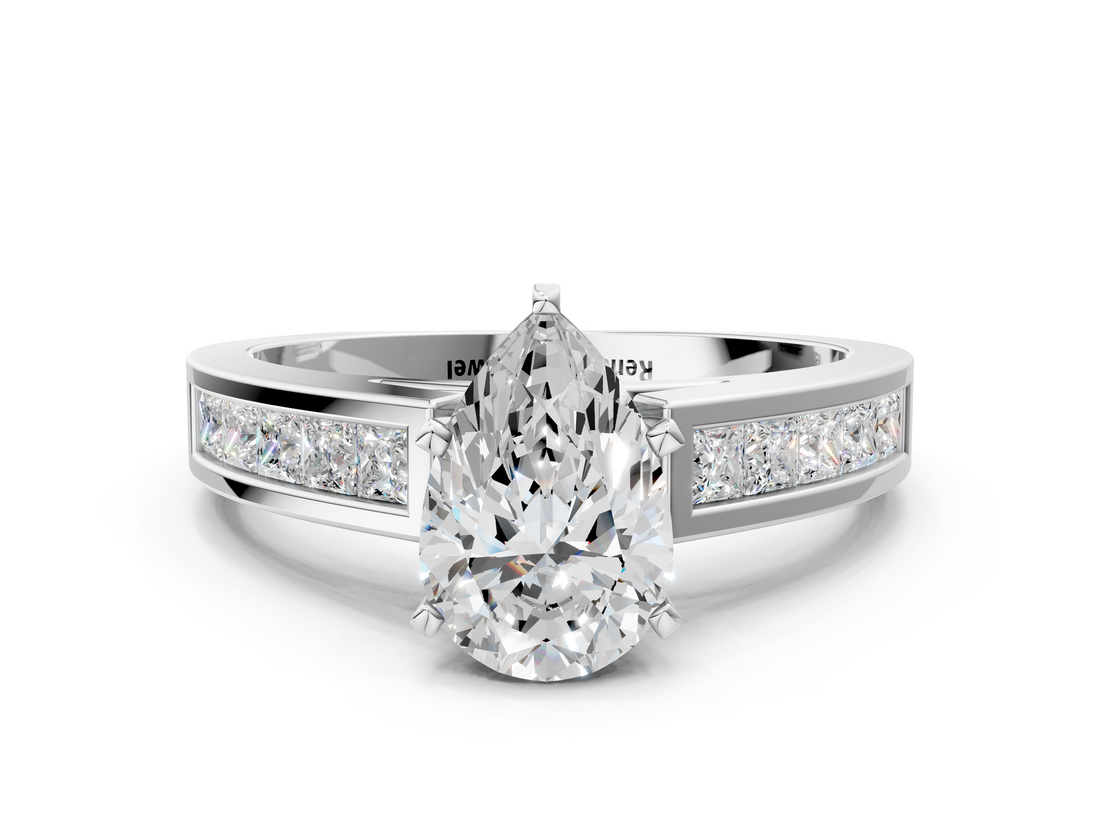 White gold Pear Solitaire Diamond Ring with Channel-Set Band and Four-Prong Setting_24