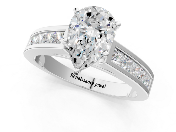 White Gold Pear-Shaped Solitaire Engagement Ring Setting with Princess Channel Band