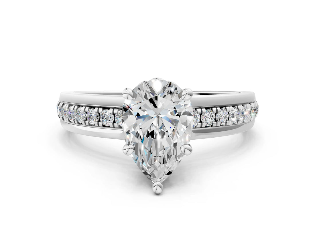 White gold Pear Solitaire Diamond Ring with Channel Set Band and Six-Prong Setting_47